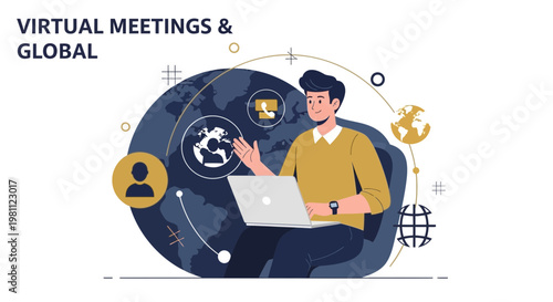 Virtual Meetings & Global Connection: Man with Laptop and World Map