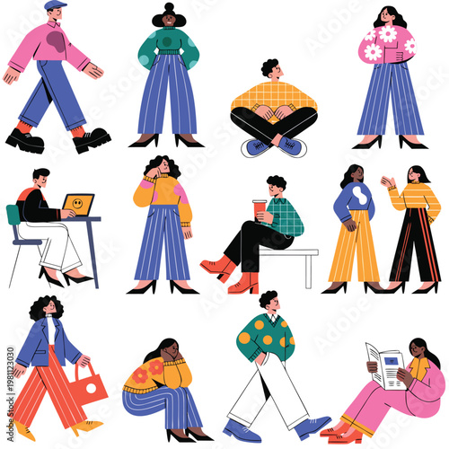 Diverse group of people in colorful modern illustrations engaging in daily activities