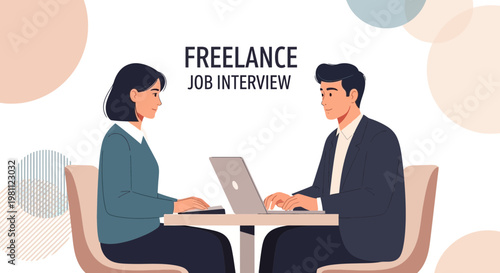 Freelance Job Interview: Man and Woman Discussing Work at Desk with Laptop