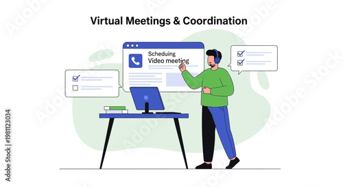 Virtual Meetings & Coordination: Man in Video Conference, Online Collaboration