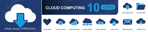 Cloud computing icon set. Containing cloud download, cloud folder, cloud settings, cloud storage, cloud transfer, cloud user, email envelope, storm cloud and more. Solid fill vector icons.