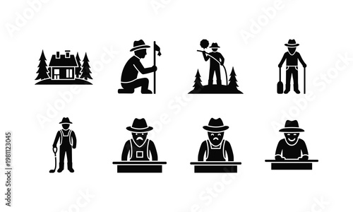 Farmer icon collection with outdoor worker gardener rural lifestyle vector silhouette set.
