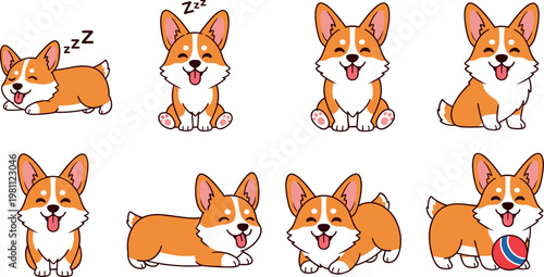 Cute corgi dog cartoon vector set with playful poses sleeping sitting running and happy puppy illustrations