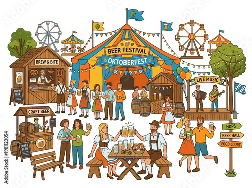 Vibrant digital illustration of joyful people celebrating at a traditional German beer festival, Oktoberfest, with colorful booths and rides
