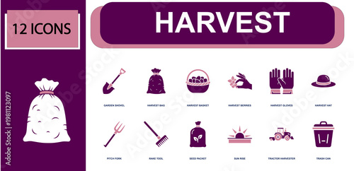 Harvest icon set. Containing garden shovel, harvest bag, harvest basket, harvest berries, pitch fork, rake tool, seed packet, tractor harvester, sun rise and more. Solid fill vector icons.