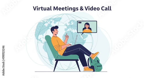 Virtual Meetings & Video Call: Man in Video Conference with Global Connection