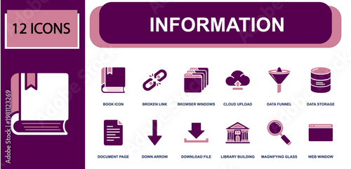 Information icon set. Containing book, broken link, browser window, cloud upload, data funnel, data storage, document page, download file, magnifying glass and more. Solid fill vector icons.