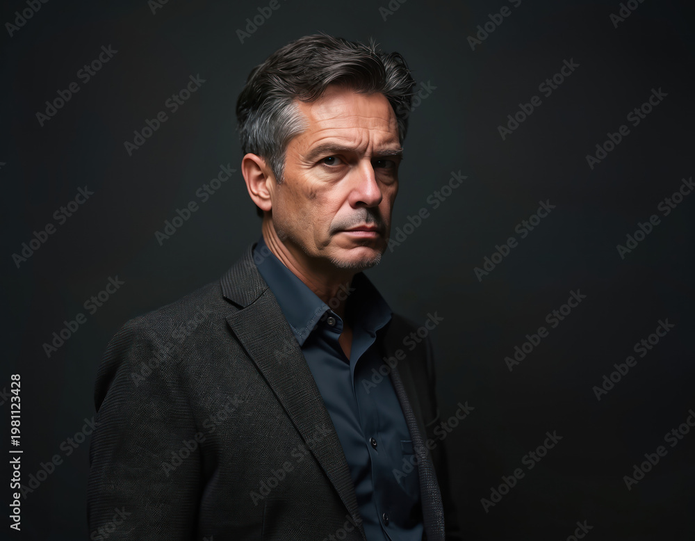 Obraz premium Mature man with short hair and stubble wears textured dark jacket over blue shirt. His serious expression conveys confidence and authority. Studio portrait.