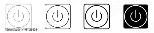 Set of power button icons vector, offering diverse clean outline and solid black and white minimalist designs, perfect for user interfaces, web applications, and power control symbols