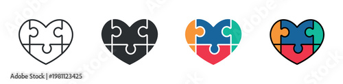 Heart Puzzle Icon Set, Teamwork  Collaboration and Unity Concept, Partnership Connection Icons, Vector Illustration