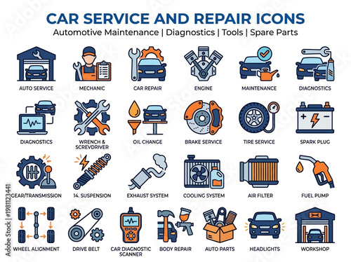 Collection of colorful flat car service and repair icons including automotive maintenance diagnostics tools spare parts