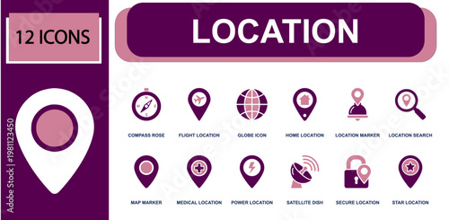 Location and navigation icon set. Containing compass rose, flight pin, globe, home pin, map marker, medical pin, secure pin, satellite dish, star pin and more. Solid fill vector icons.