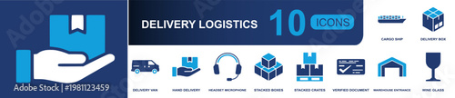 Delivery logistics icon set. Containing cargo ship, delivery box, van, hand delivery, stacked crates, verified document, warehouse entrance, fragile glass and more. Solid fill vector icons.