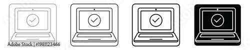 A set of vector laptop icons depicting a checkmark on the screen, symbolizing successful completion, approval, or verification, in various outline and solid styles