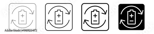 A set of monochrome battery recycling icons, illustrating sustainable energy, ecological care, and environmental responsibility for digital and print designs