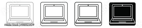 Set of laptop computer icons with outline and solid styles, featuring various digital portable devices in a modern minimalist design, perfect for technology and interface applications.