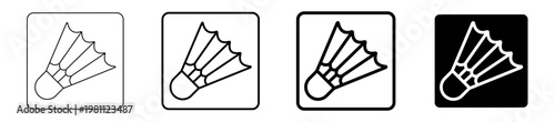 A versatile set of four distinct vector icons depicting a classic badminton shuttlecock, ideal for various sports-themed digital interfaces, games, or recreational design projects.