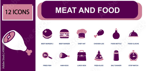 Meat and food icon set. Containing beef burger, chef hat icon, chicken leg, food cloche, fried fish, ham hock, lunch box, pizza slice, salt shaker and more. Solid fill vector icons.