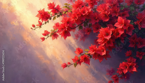 Red bougainvillea flowers bloom against a soft abstract sky. Branches with vibrant red blossoms create an elegant natural composition, ideal for spring and summer themes.