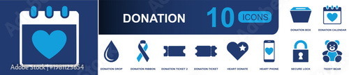 Donation icon set. Containing donation box, calendar, blood drop, blue ribbon, charity ticket, heart donate, mobile giving, secure lock, teddy bear and more. Solid fill vector icons.