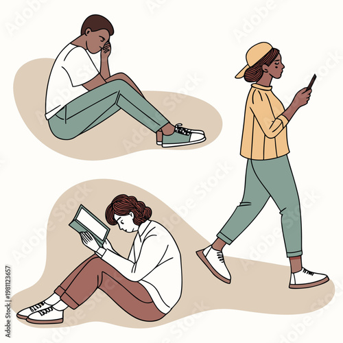 Three individuals are depicted in contemplative or engaged activities showcasing modern disconnection