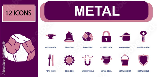 Metal industry icon set. Containing anvil block, bell, black ore, closed lock, cooking pot, screw, gear cog, magnet nails, metal bucket, metal shield and more. Solid fill vector icons.