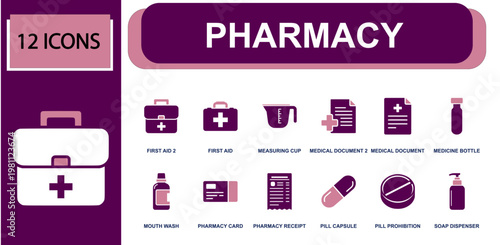 Pharmacy icon set. Containing first aid kit, measuring cup, document, medicine bottle, mouthwash, pharmacy card, pill capsule, receipt, soap pump and more. Solid fill vector icons.