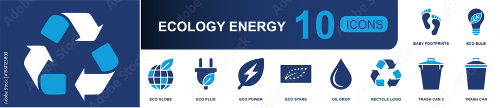 Fototapeta premium Ecology energy icon set. Containing eco globe, eco plug, eco power, recycle symbol, oil drop, eco bulb, trash cans, green badge, baby footprints and more. Solid fill vector icons.
