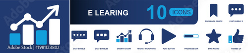 E-learning education icon set. Containing bookmark, chat bubble, growth chart, headset, play button, progress bar, star rating, thumbs up, feedback and more. Solid fill vector icons.
