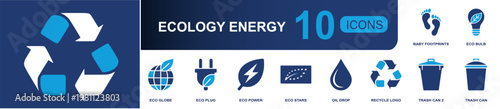 Ecology energy icon set. Containing eco globe, eco plug, eco power, recycle symbol, oil drop, eco bulb, trash cans, green badge, baby footprints and more. Solid fill vector icons.