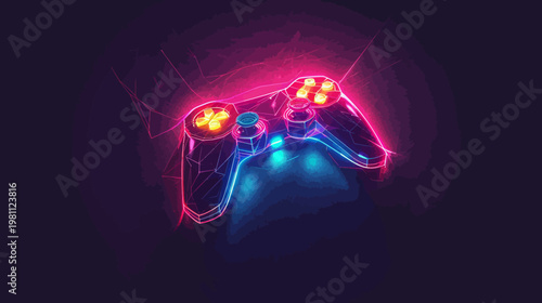 Neon game controller graphic with illuminated buttons and modern design