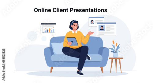 Woman Presenting Online Client Meeting on Laptop