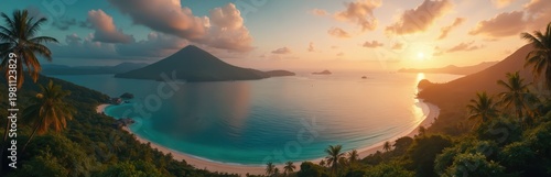 Panoramic view of tropical island with palm trees and serene ocean at sunset. Golden sun illuminates calm turquoise water and white sand beach. Lush green hills surround peaceful bay.