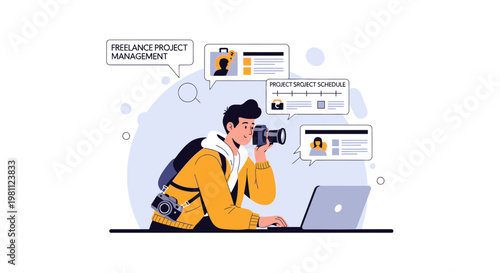 Freelance photographer managing projects on laptop with camera gear