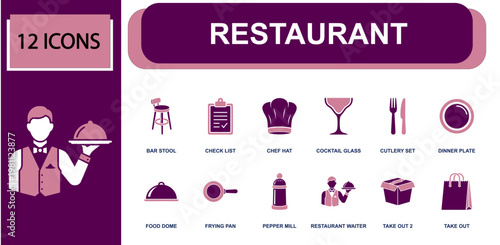 Restaurant icon set. Containing bar stool, chef hat, cocktail glass, cutlery, dinner plate, food dome, frying pan, waiter service, takeout box, menu and more. Solid fill vector icons.