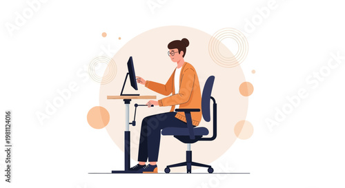 Woman working on computer at adjustable height desk, modern office illustration