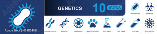 Genetics research icon set. Containing chromosome, DNA helix, gene cell, test tube, bacteria cell, virus particle, biohazard, paw print, lab flask and more. Solid fill vector icons.