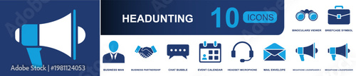 Headhunting icon set. Containing businessman, partnership, chat bubble, event calendar, headset microphone, mail envelope, binoculars, briefcase, megaphone and more. Solid fill vector icons.