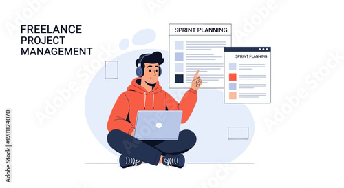 Freelance Project Management: Man Planning Sprint with Laptop and Headphones