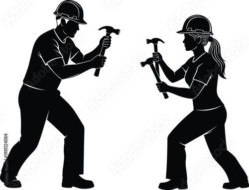 Construction workers with hammers illustration, male and female builders facing off, safety helmets, industrial labor concept, teamwork conflict vector design