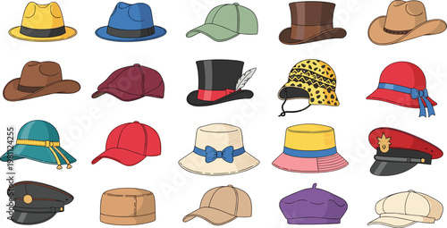 Large collection of various hats including caps, cowboy, bucket and formal styles isolated on white background for fashion design
