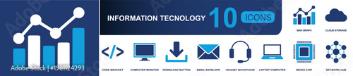 Information technology icon set. Containing bar graph, cloud storage, code bracket, monitor, download, email, headset, laptop, micro chip, network hub and more. Solid fill vector icons.