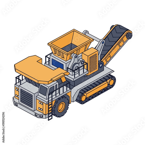 Heavy duty mining truck with conveyor belt system.