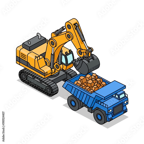 Yellow excavator loading rocks into a blue dump truck isometric illustration.