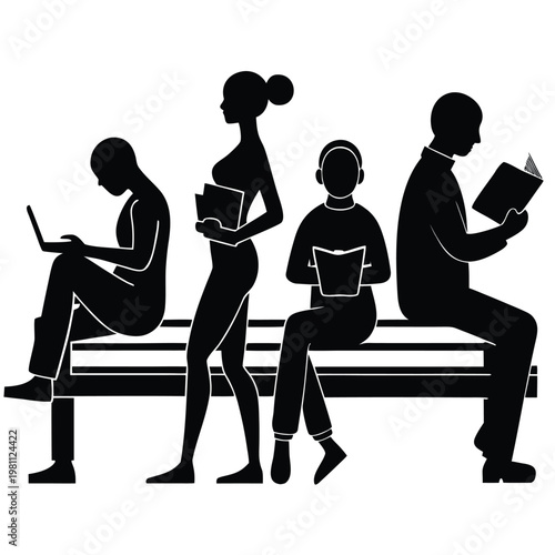Silhouetted figures of people reading and using devices on a park bench