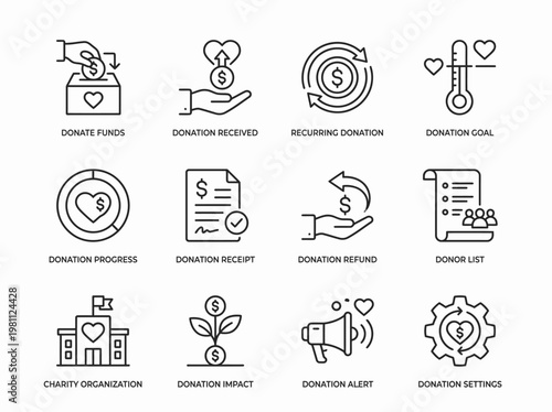 A set of fourteen thin line icons related to charitable giving and donation concepts on a white background with captions.