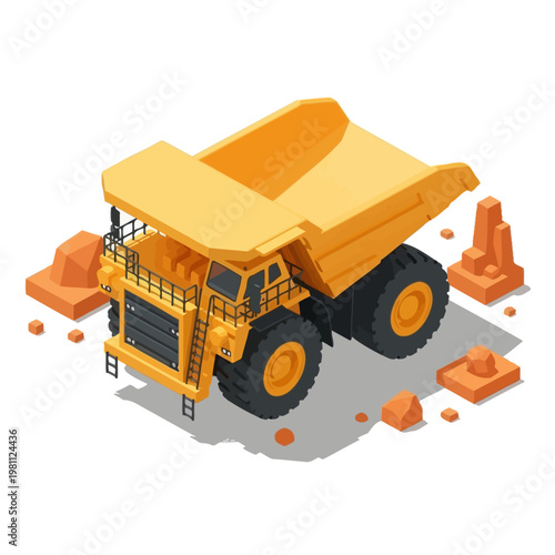 Large yellow mining dump truck isometric illustration.