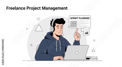 Freelance Project Management: Young man with headphones planning sprints on laptop