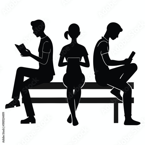 Silhouettes of three people sitting on a bench each absorbed in their devices