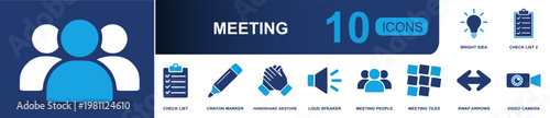 Business meeting collaboration icon set. Containing bright idea, checklist, marker, handshake, loud speaker, meeting people, meeting tiles, video camera and more. Solid fill vector icons.